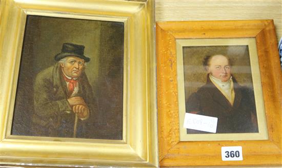 19th century English School, oil on board, portrait of a gentleman, 16 x 11cm and an oil on canvas, portrait, 22 x 17cm